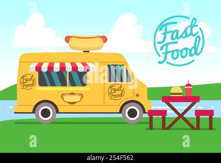Outdoor cafe with food truck and tables. Street food small business vector concept. Fast food truck with table and chair illustration. Outdoor cafe with food truck and tables. Street food small business vector concept Stock Vector