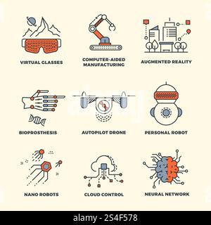 Future technology thin line concepts design. Innovation technology development, equipment virtual glasses and computer manufacturing. Vector illustration. Future technology thin line concepts design Stock Vector