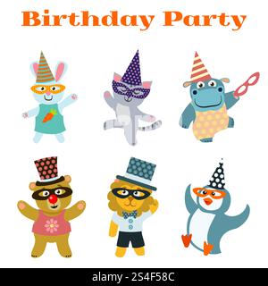 Cute dancing animals on birthday masquerade party. Lion and penguin, cat and hippopotamus, vector illustration. Cute dancing animals on birthday masquerade party Stock Vector