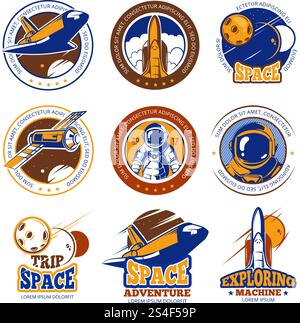 Astronaut flight, aviation, space shuttle and rockets vintage vector labels, logos, badges, emblems. Travel in galaxy, illustration travel in cosmos. Astronaut flight, aviation, space shuttle and rockets vintage vector labels, logos, badges, emblems Stock Vector