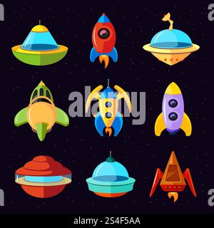 Cartoon vector fantastic ufo, spaceships and rockets vector set Stock ...