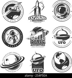 Retro space, astronaut, astronomy, spaceship shuttle vector labels, logos, badges, emblems. Explore mission space, illustration of rocket in space explore travel. Retro space, astronaut, astronomy, spaceship shuttle vector labels, logos, badges, emblems Stock Vector