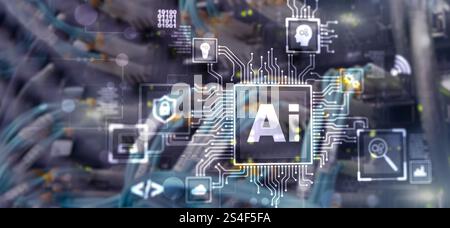 Artificial intelligence concept with businessman on blurred data center background. Stock Photo