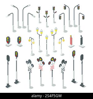 Isometric traffic light, street lamps. Traffic light and lamppost design for map. Urban vector illustration. Isometric traffic light, street lamps. Urban vector illustration Stock Vector