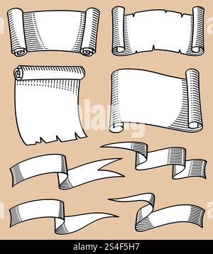 Vintage hand sketched scrolls and ribbon banners vector set. Vintage scroll ribbon, sketch retro ribbon decoration illustration. Vintage hand sketched scrolls and ribbon banners vector set Stock Vector