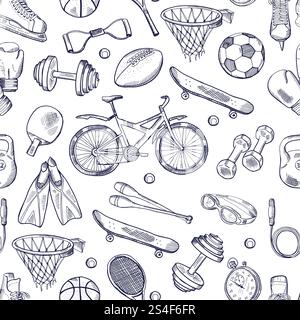 Vector doodles hand drawn seamless pattern of different sport accessories. Sport sketch pattern, soccer and football ball, swimming and boxing sport illustration. Vector doodles hand drawn seamless pattern of different sport accessories Stock Vector