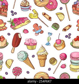 Vector seamless pattern of candies, ice cream, cake and other different sweets. Hand drawn illustrations. Sweet food pattern seamless, chocolate ice cream and cupcake. Vector seamless pattern of candies, ice cream, cake and other different sweets. Hand drawn illustrations Stock Vector