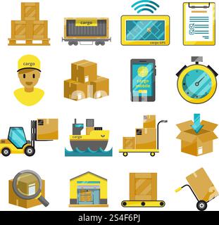 Container boxes, trucks, ships and other cargo icons. Vector illustrations. Box container for transportation, shipping package and export logistic. Container boxes, trucks, ships and other cargo icons. Vector illustrations Stock Vector