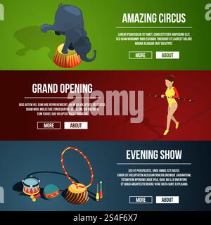 Invitation to the circus magic show. Three horizontal vector banners set in cartoon style. Amazing circus and grand opening banner illustration. Invitation to the circus magic show. Three horizontal vector banners set in cartoon style Stock Vector