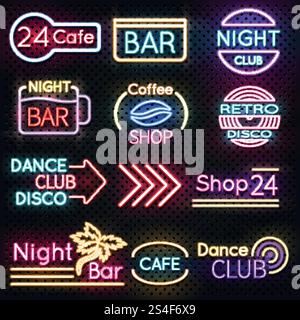Vintage cafe and night club roadside neon signs vector set. Neon night light signboard roadside, club dance or coffee shop illustration. Vintage cafe and night club roadside neon signs vector set Stock Vector