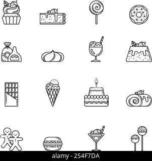 Desert vector icon set. Cupcake, sweets and other baking foods. Outline illustrations isolate on white background. Sweet food cupcake with cream, bakery ans sweet cake linear. Desert vector icon set. Cupcake, sweets and other baking foods. Outline illustrations isolate on white background Stock Vector