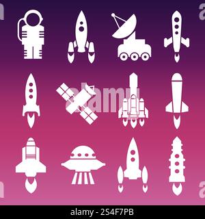 White shuttle, rockets and space techics icons. Vector ilustration flat. White shuttle, rockets and space Stock Vector