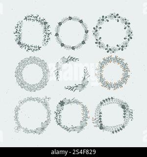 Round frames from branches and leaves. Rustic wedding ornaments. Vintage hand drawn illustrations. Frame wreath decoration with leaf botanical. Round frames from branches and leaves. Rustic wedding ornaments. Vintage hand drawn illustrations Stock Vector
