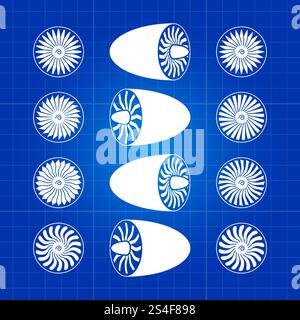 Aircraft white engine turbines on blue background. Vector flat illustration. Aircraft white engine turbines on blue background Stock Vector