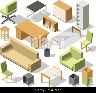 Isometric office furniture. 3d cabinet with table, chairs and armchair, sofa and shelves. Vector illustration set of table and chair, sofa and armchair. Isometric office furniture. 3d cabinet with table, chairs and armchair, sofa and shelves. Vector illustration set Stock Vector