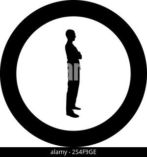 Man standing with hands crossed Dentist surgeon in medical clothes with folded hands on his chest Concept of the end of surgery operation Side view icon black color vector in circle round illustration flat style simple image. Man standing with hands crossed Dentist surgeon in medical clothes with folded hands on his chest Concept of the end of surgery operation Side view icon black color vector in circle round illustration flat style image Stock Vector