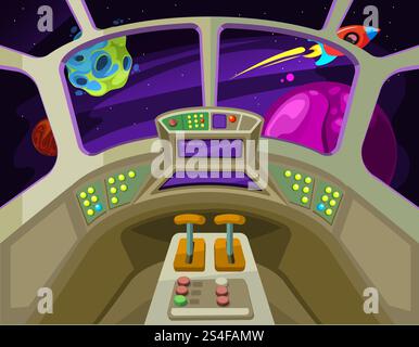 Cartoon spaceship cabin interior with windows into space with alien planets vector illustration. Interior of spaceship or rocket. Cartoon spaceship cabin interior with windows into space with alien planets vector illustration Stock Vector