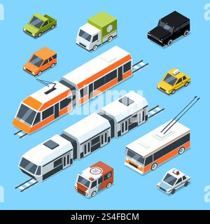 Isometric municipal transport set. Vector illustration isolate on white background. Car and isometric, transport for passenger, automobile patrol and ambulance car. Isometric municipal transport set. Vector illustration isolate on white background Stock Vector