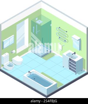 Bathroom interior with different furniture elements. Vector isometric illustration. Interior of furniture isometric bathroom. Bathroom interior with different furniture elements. Vector isometric illustrations Stock Vector