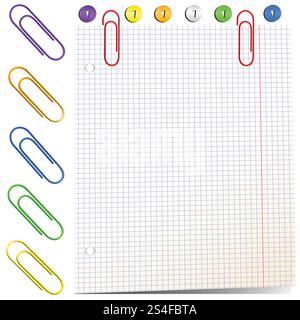 Sheet of paper with paper clips. Stationery accessories Stock Vector