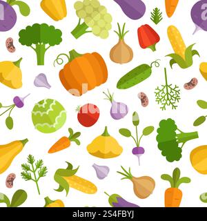 Vegetables cartoon illustration. Vector seamless pattern with vegetable food, fresh colorful cucumber and pepper. Vegetables cartoon illustration. Vector seamless pattern Stock Vector