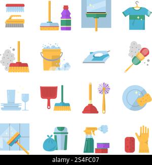 Cleaning service symbols. Different colored tools in cartoon style. Equipment for clean, bucket and mop, glove and sponge, brush and soap. Vector illustration. Cleaning service symbols. Different colored tools in cartoon style. Brush and soap Stock Vector