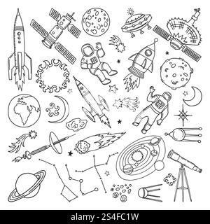 Doodle different universe elements. Planets, sun, earth and moon. Vector hand drawn illustrations. Moon and star cartoon, earth planet in universe doodle hand drawn. Doodle different universe elements. Planets, sun, earth and moon. Vector hand drawn illustrations Stock Vector