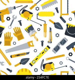 Illustrations for work shop. Different construction tools. Repair set. Vector seamless pattern in flat style. Equipment industrial hammer and saw seamless pattern. Illustrations for work shop. Different construction tools. Repair set. Vector seamless pattern in flat style Stock Vector