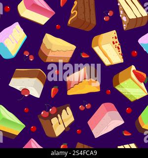 Seamless pattern with sweets and cakes isolate on dark background. Vector illustration. Seamless background with color cake dessert. Seamless pattern with sweets and cakes isolate on dark background. Vector illustrations Stock Vector