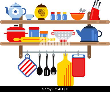 Cooking and restaurant equipment on kitchen shelves. Vector illustration in flat style. Kitchen equipment on shelf, bowl and kettle. Cooking and restaurant equipment on kitchen shelves. Vector illustration in flat style Stock Vector