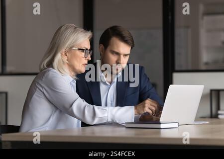 Teammates working collaborate on joint project using laptop Stock Photo