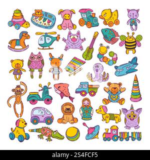 Color icons of children toys. Hand drawn vector illustrations. Doodle set. Colored artwork monkey and dog toys, plane and cat toys for kids. Color icons of children toys. Hand drawn vector illustrations. Doodle set Stock Vector