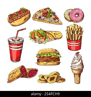 Fast food pictures. Burgers, cola sandwich hotdog and french fries. Hand drawn color vector illustrations. Burger fast food, sandwich and pizza fastfood. Fast food pictures. Burgers, cola sandwich hotdog and french fries. Hand drawn color vector illustrations Stock Vector