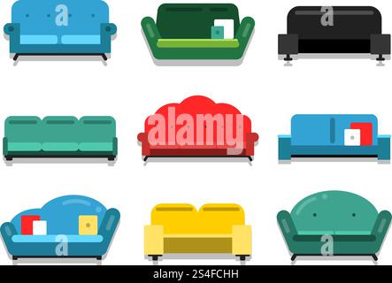 Furniture couches and sofa. Flat style vector illustrations. Furniture interior couch for home, classic colored sofa and collection of comfortable couches. Furniture couches and sofa. Flat style vector illustrations Stock Vector