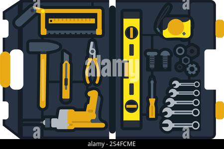 Vector illustration of construction tools box. Tool for repair, equipments for construction in box. Vector illustration of construction tools box Stock Vector