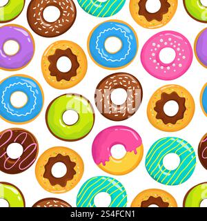Yummy glazed cakes chocolate donuts vector seamless pattern. Donut yummy pattern, sweet dessert illustration. Yummy glazed cakes chocolate donuts vector seamless pattern Stock Vector