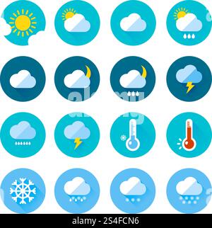 Colored weather icons in flat style. Different visualization of climate. Rainy and sunny days. Rain and sun symbol, vector climate temperature illustration. Colored weather icons in flat style. Different visualization of climate. Rainy and sunny days Stock Vector