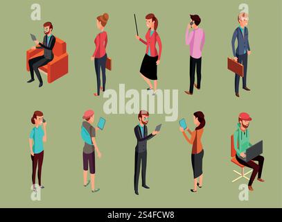 Different office people sitting and standing, using gadgets. Isometric woman and men vector illustration. People of female and male sitting and standing. Different office people sitting and standing, using gadgets. Isometric woman and men vector illustration Stock Vector
