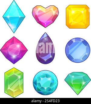 Different gemstones. Brilliants and diamonds in cartoon style. Vector illustrations for game design projects. Diamond and jewel, color brilliant and gemstone. Different gemstones. Brilliants and diamonds in cartoon style. Vector illustrations for game design projects Stock Vector