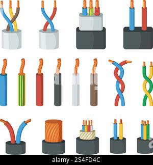 Electrical cable wires, different amperage and colors. Vector illustrations in cartoon style. Connection cable power colored for network and electricity. Electrical cable wires, different amperage and colors. Vector illustrations in cartoon style Stock Vector