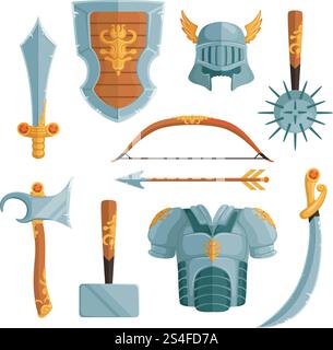 Fantasy weapons in cartoon style. Vector illustrations set. Sword weapon and medieval ancient axe. Fantasy weapons in cartoon style. Vector illustrations set Stock Vector