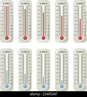 Thermometers with different temperature on them. Vector illustration. Set of thermometer measurement, degree thermometer for meteorology fahrenheit and celsius. Thermometers with different temperature on them. Vector illustrations set Stock Vector