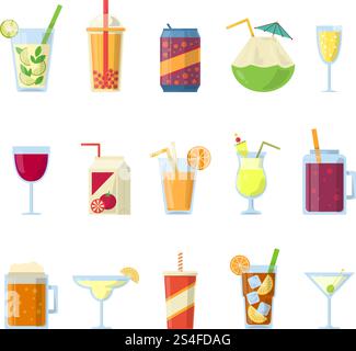 Different drinks in bottles and glasses. Vector set isolate on white. Drink glass and alcohol beverage collection illustration. Different drinks in bottles and glasses. Vector set isolate on white Stock Vector