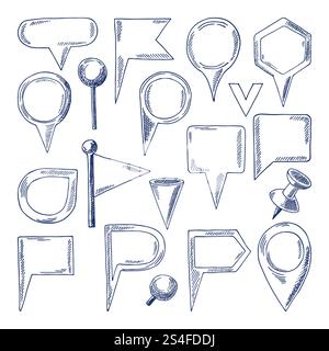 Hand drawn navigations pins isolate on white. Vector map pointers. Position navigation point, illustration of pointer direction mark. Hand drawn navigations pins isolate on white. Vector map pointers Stock Vector