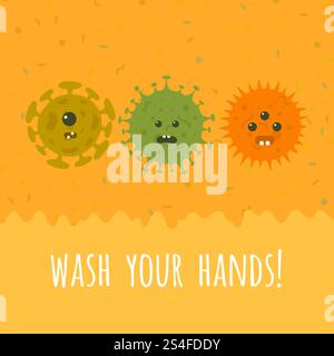 Illustration of cartoon microbes and text. Wash your hands vector banner. Illustration of cartoon microbes and text Stock Vector