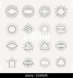Stamp and badges collection. Different shapes and sunburst frames. Vintage monochrome banners and vector ribbons. Frame badge with sunburst and ribbon illustration. Stamp and badges collection. Different shapes and sunburst frames. Vintage monochrome banners and vector ribbons Stock Vector