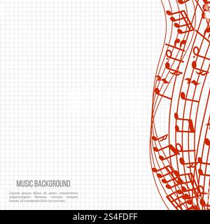 Notebook music background with red music notes and waves. Vector illustration. Notebook music background with red music notes and waves Stock Vector