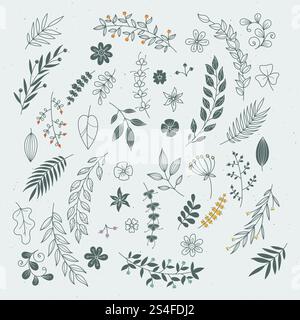 Rustic hand drawn ornaments with branches and leaves. Vector floral frames and borders. Branch floral vintage, illustration of sketch flower and leaf. Rustic hand drawn ornaments with branches and leaves. Vector floral frames and borders Stock Vector