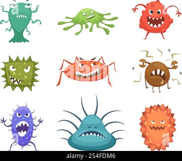 Different cartoon viruses mascots and flu microbes. Vector characters design set. Color biology bacteria and microscopic caricature organism illustration. Different cartoon viruses mascots and flu microbes. Vector characters design set Stock Vector