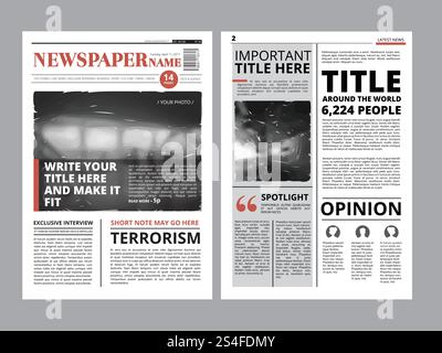 Newspaper front page with several columns and photos. Vector magazine cover. Layout design project newspaper with fresh news daily illustration. Newspaper front page with several columns and photos. Vector magazine cover. Layout design project Stock Vector